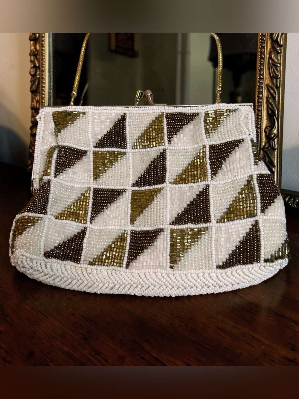 Vintage Hong Kong White Gold Bronze Beaded Evening Bag Geometric Kiss Lock